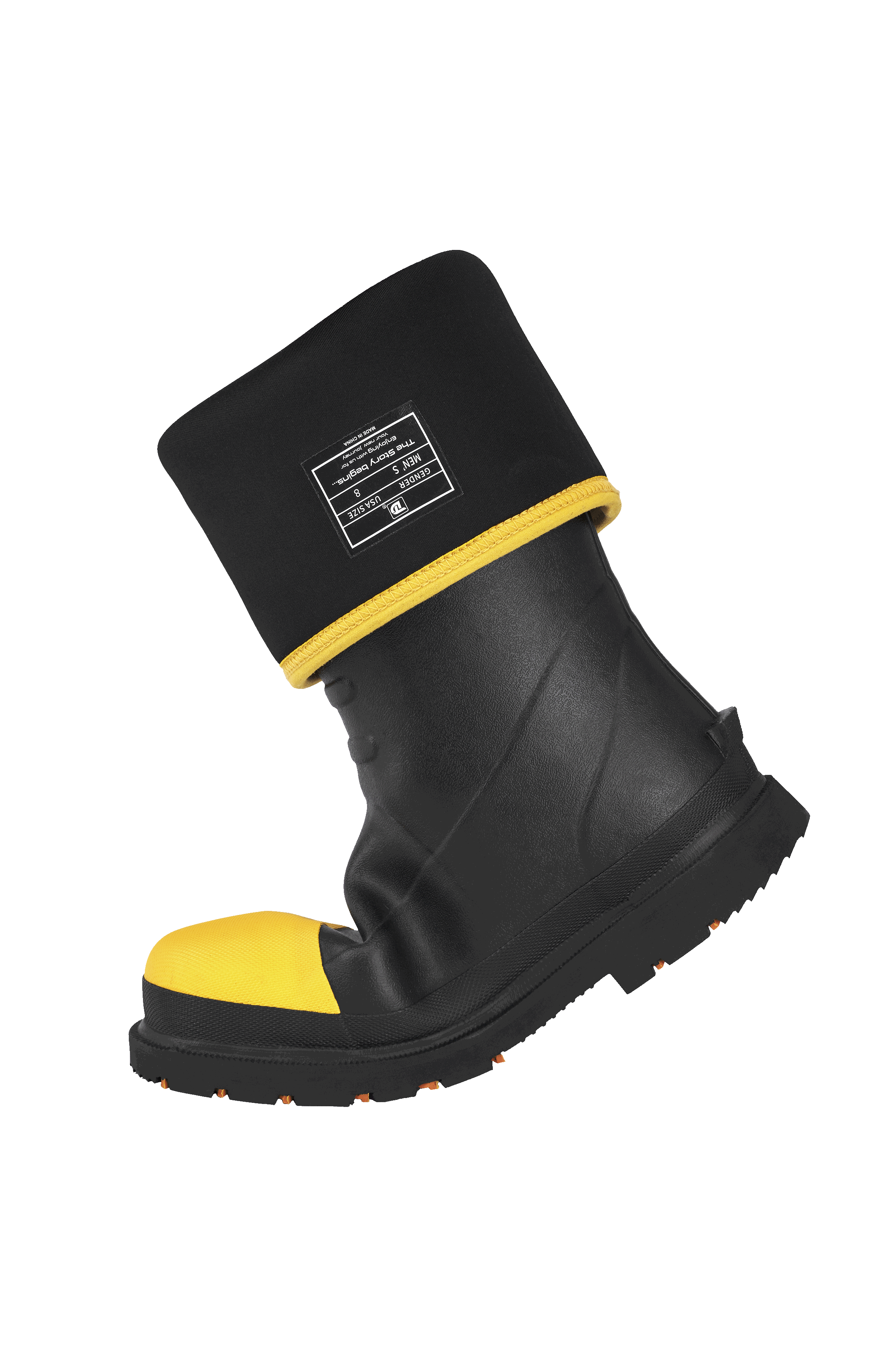 alt="Close-up of Trudave ForgeStep Series men’s tall waterproof steel toe work boots with folded shaft showing black inner lining and soft interior for comfort and protection in outdoor work"